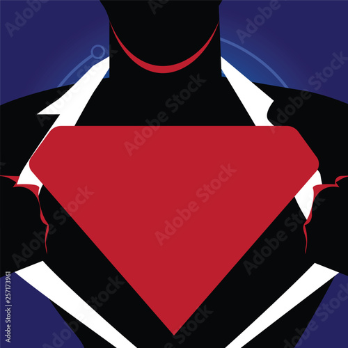 Man in Superman Pose Opening his Shirt to reveal the Blank Triangular Logo Design business concept Empty copy text for Web banners promotional material mock up template.