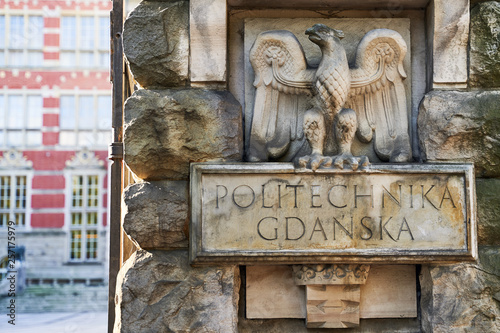 Entrance of Gdansk University of Technology in Poland with words Politechnika Gdanska meaning this higher educational institutiton's name in Polish with the eagle emblem