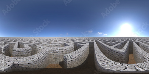 8K HDRI map, spherical environment panorama background, high contrast outdoor illumination, landscape with huge maze under a blue sky (3d equirectangular illustration)