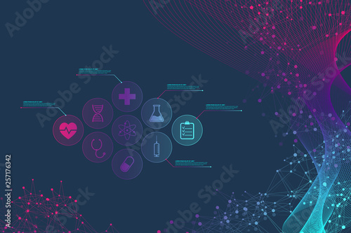 Big Genomic Data Visualization. DNA helix, DNA strand, DNA Test. Molecule or atom, neurons. Abstract structure for Science or medical background, banner