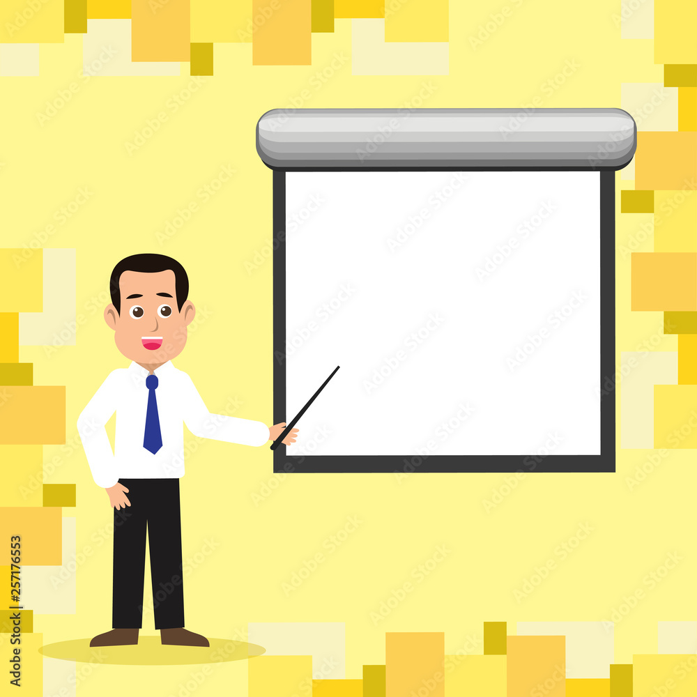 Man in Necktie Talking Holding Stick Pointing to Blank White Screen on Wall Design business concept Empty template copy space text for Ad website isolated Man in Necktie Talking Holding Stick Pointing to Blank White Screen on Wall Design business concept Empty template copy space text for Ad website isolated