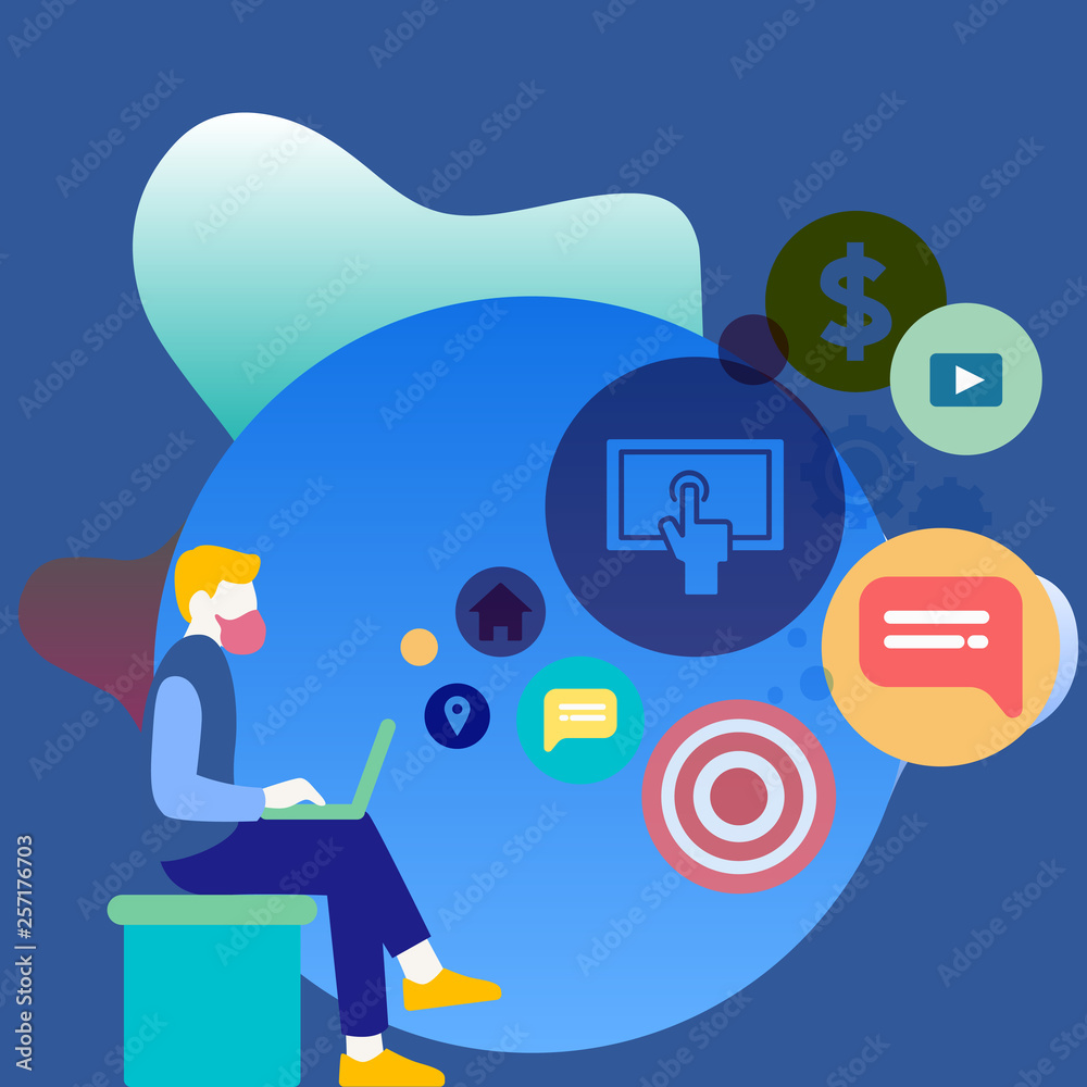 Man Sitting Down with Laptop on his Lap and SEO Driver Icons on Blank Space Business Empty template for Layout for invitation greeting card promotion poster voucher.