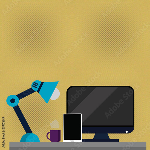 Arrangement of Workspace for Nightshift Worker with Computer,Tablet and Lamp Design business concept Empty copy text for Web banners promotional material mock up template
