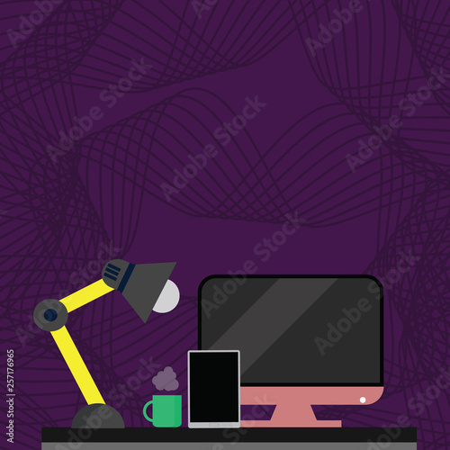 Arrangement of Workspace for Nightshift Worker with Computer,Tablet and Lamp Design business Empty copy space text for Ad website promotion isolated Banner template