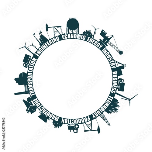 Circle with industry relative silhouettes. Objects located around the circle. Industrial design tags cloud. Field for text in the center.
