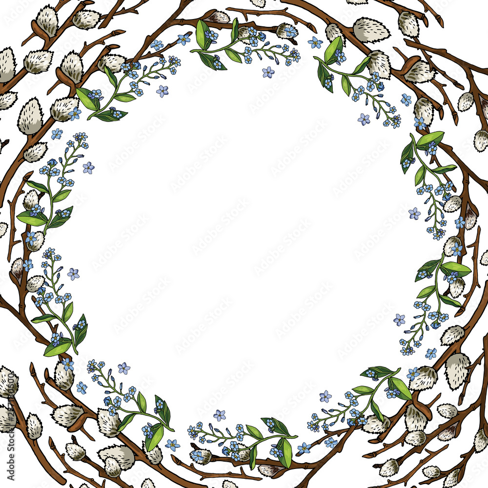 Round garland with willow branches and forget-me-nots. Decorative season floral frame for festive design