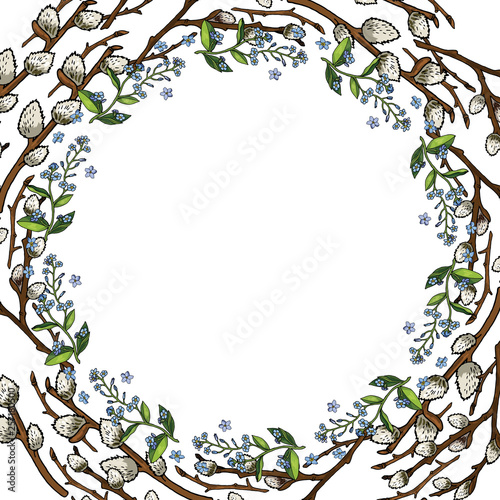 Round garland with willow branches and forget-me-nots. Decorative season floral frame for festive design