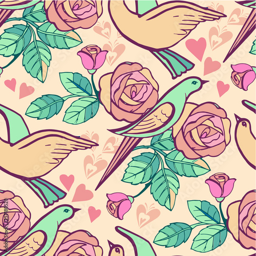 Cute seamless floral pattern with roses and pastel birds