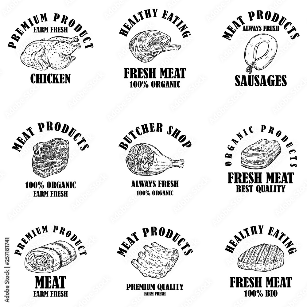 Set of meat products labels. Design element for poster, logo, emblems, sign. Set of meat products labels. Design element for poster, logo, emblems, sign.