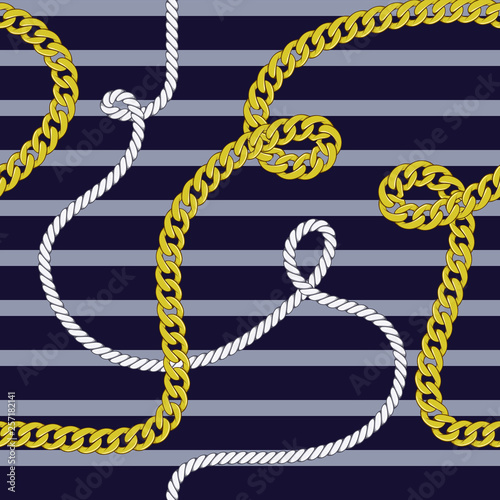 Elegant trendy modern vector seamless pattern with beautiful fashion golden chains and marine rope on a navy blue background. For textile, backrounds, posters, clotches and accessory. photo