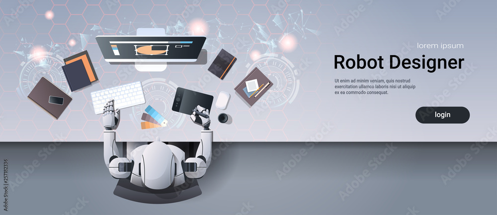 robot graphic designer sitting at creative design studio workplace desk  office stuff working process top angle view artificial intelligence  technology concept horizontal vector de Stock | Adobe Stock