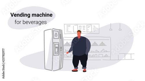 fat obese man taking beverage from water dispenser over size guy using vending machine big grocery shop modern super market shopping mall interior sketch doodle horizontal