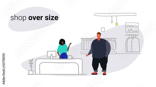 fat overweight man standing at cash desk counter fashion shop over size male clothes market shopping mall interior sketch flow style horizontal