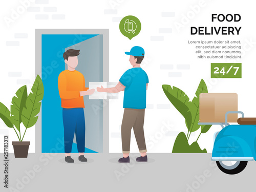 Illustration concept of food delivery services. Fast and free delivery by scooter. Illustration food delivery to door with scooter. Food courier deliver to door - Vector illustration