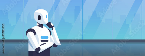 modern robot thinking humanoid holding hand chin pondering artificial intelligence digital technology concept cartoon character portrait horizontal
