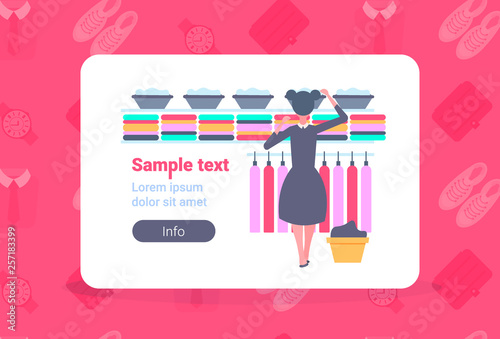 rear view maid in black and white uniform organizing clean clothes housewife in family clothing wardrobe effective house organization concept horizontal full length copy space
