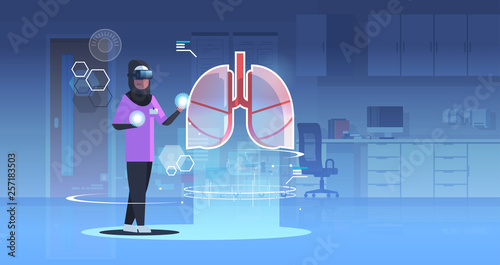 arab doctor nurse wearing digital glasses looking virtual reality lungs human organ anatomy healthcare medical vr headset vision concept clinic room interior full length horizontal