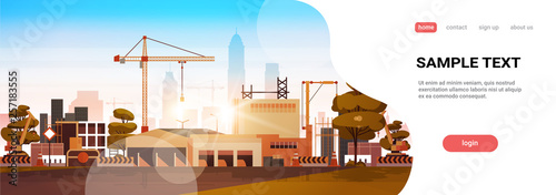 modern city construction site tower cranes building residential buildings cityscape sunset skyline background flat copy space horizontal banner