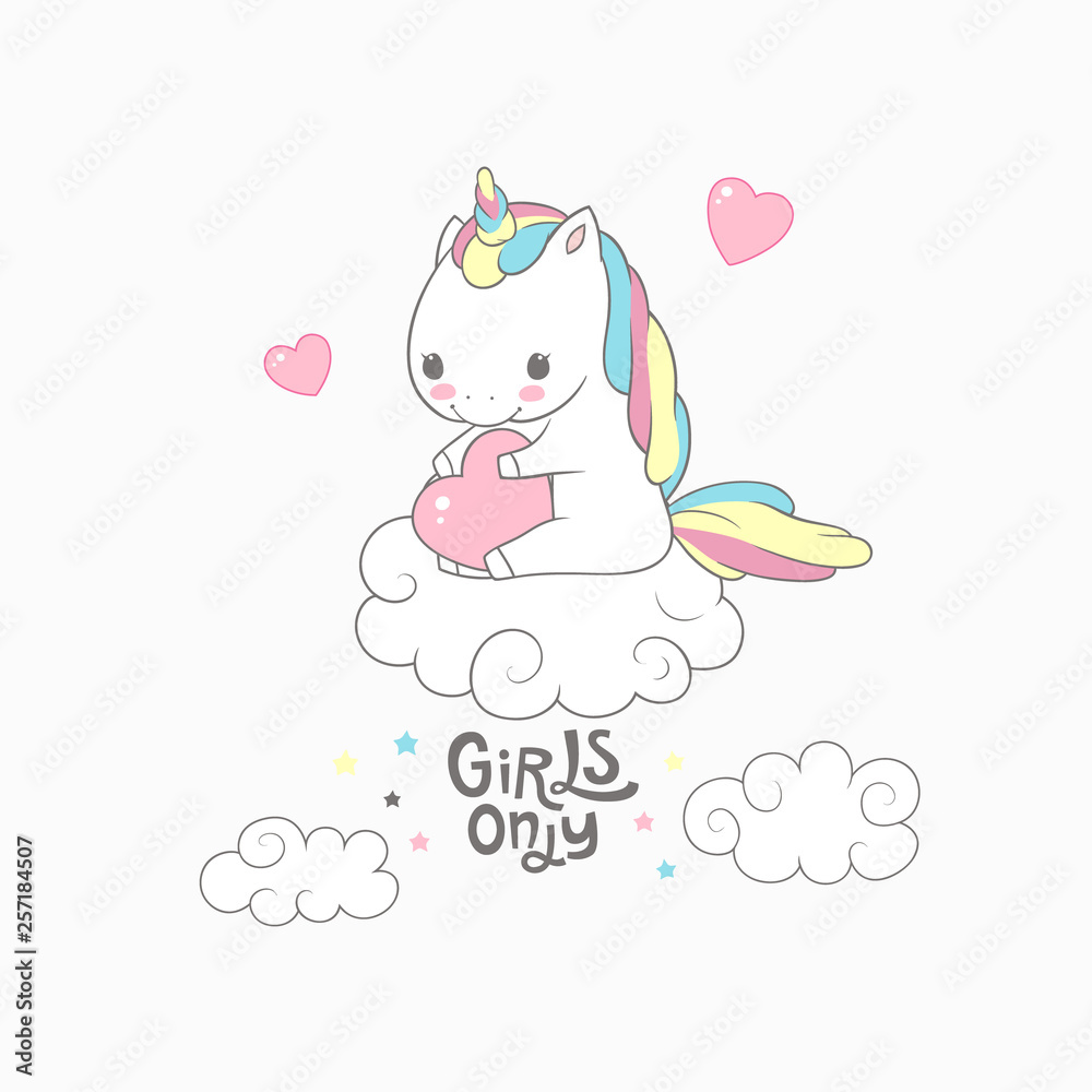 Cute Baby Unicorn Girls Only Typography Poster. Love Invitation Inspiration Sweet Poster Dream Colorful Design. Rainbow Pegasus Miracle Banner Flat Cartoon Vector Illustration.