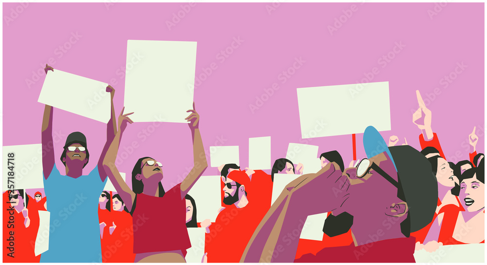 Illustration of peaceful crowd protest in color - obrazy, fototapety, plakaty 