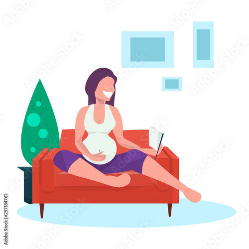 happy pregnant woman reading book girl sitting on couch pregnancy and motherhood concept flat full length living room interior