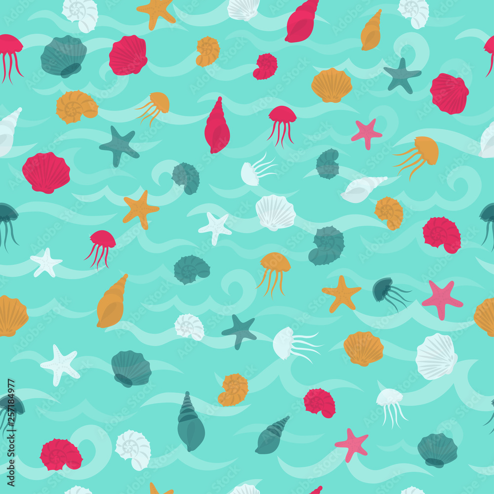 Seamless sea pattern in nautical-inspired design. Sea background with seashells, starfishes and jellyfishes. Blue ocean water wave. Vector seamless pattern with marine life. Seamless sea pattern in nautical-inspired design. Sea background with seashells, starfishes and jellyfishes. Blue ocean water wave. Vector seamless pattern with marine life.