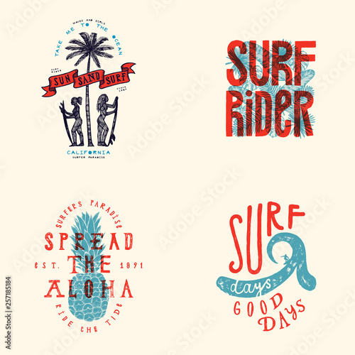 Surfing t-shirt design set. Sun sand surf - girls with surfboards under the palm three. Spread the aloha - pineapple. Surf days, good days - giant wave and a surfer