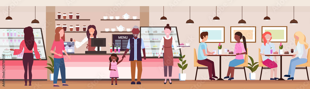 waitresses serving mix race people clients coffee shop workers hospitality service concept modern cafeteria interior flat full length horizontal banner waitresses serving mix race people clients coffee shop workers hospitality service concept modern cafeteria interior flat full length horizontal banner