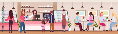 waitresses serving mix race people clients coffee shop workers hospitality service concept modern cafeteria interior flat full length horizontal banner