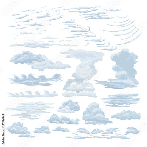 Set of steam clouds. Wavy, sparse cumulus, cirrus, layer clouds.