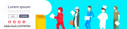 election day concept different occupations voters casting ballots at polling place during voting people putting paper ballot in box portrait flat horizontal copy space