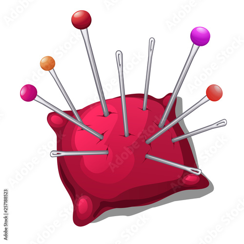 Pincushion with needles and pins isolated on white background. Set sewing studio or tailoring atelier. Vector cartoon needle cushion close-up illustration.