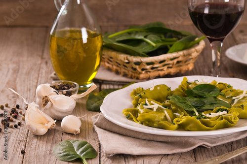 Spinach ravioli with ricotta cheese filling.