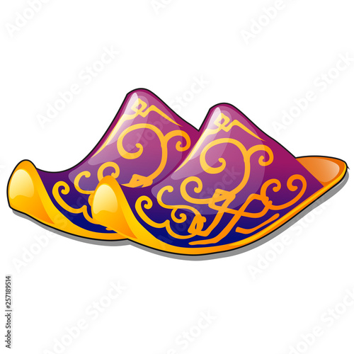 A pair of slippers of traditional oriental design isolated on white background. Vector cartoon close-up illustration.