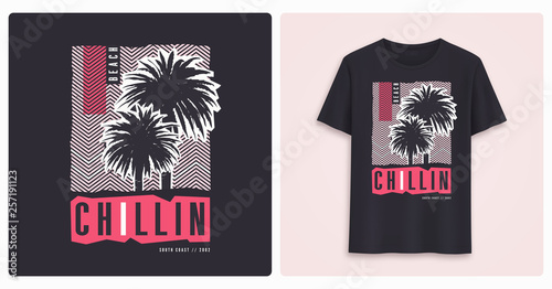 Beaach chillin. Stylish colorful graphic t-shirt design, poster, print with palm trees. 