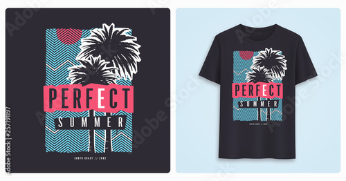 Perfect summer. Stylish colorful graphic t-shirt design, poster, print with palm trees. 