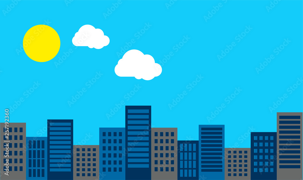 Flat illustration of a cityscape with buildings and the blue sky Flat illustration of a cityscape with buildings and the blue sky