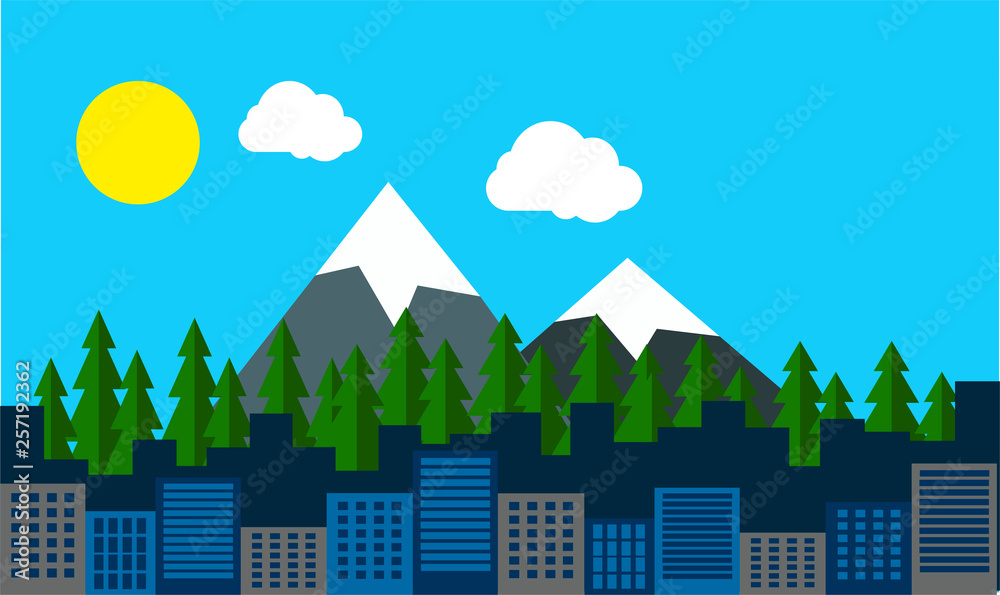 Flat illustration of a cityscape with buildings and the blue sky