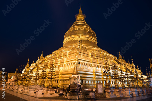 Golden Shwezigon pagoda in Bagan at night  Myanmar