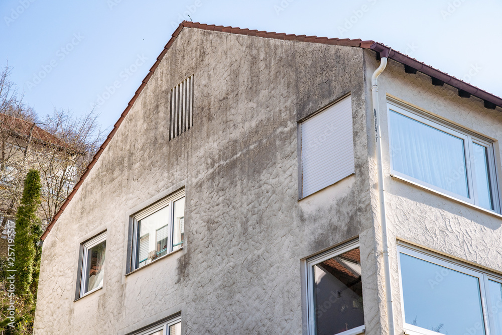 Poorly insulated house with dirty and damp facade which needs to be renovated Poorly insulated house with dirty and damp facade which needs to be renovated