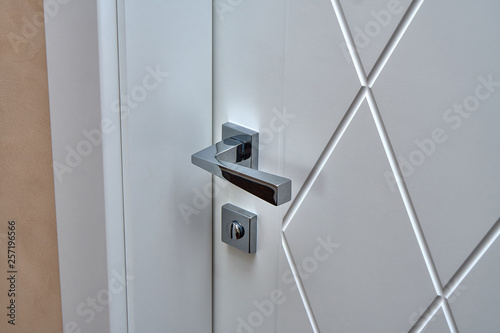 Contemporary white door with shiny handle in bathroom