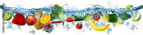 fresh multi fruits and vegetables splashing into blue clear water splash healthy food diet freshness concept isolated white background © stockphoto-graf