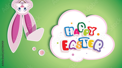 Happy Easter greeting card with text in a thinking cloud and topsy-turvy Easter Bunny isolated on a green background