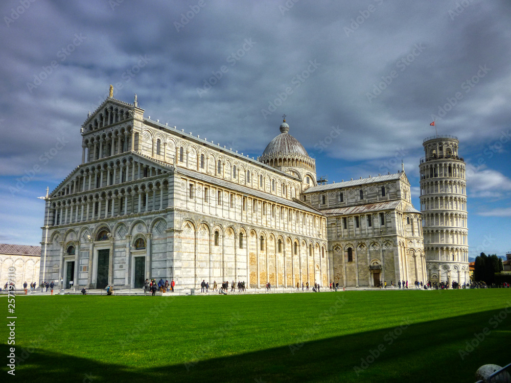 The Piazza dei Miracoli with the Pisa Cathedral and the Leaning Tower