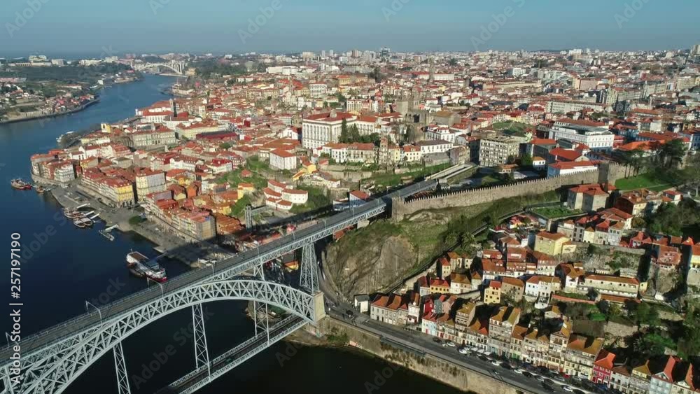 Aerial view of Dom Luis Bridge and Se Cathedral in Porto at morning, Portugal, 4k Aerial view of Dom Luis Bridge and Se Cathedral in Porto at morning, Portugal, 4k