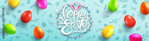 Happy Easter Day Poster with colorful Painted Easter Eggs and hand drawn elements.Handwriting inscription Happy Easter Day.Promotion and shopping template for Easter Day.Vector illustration EPS10