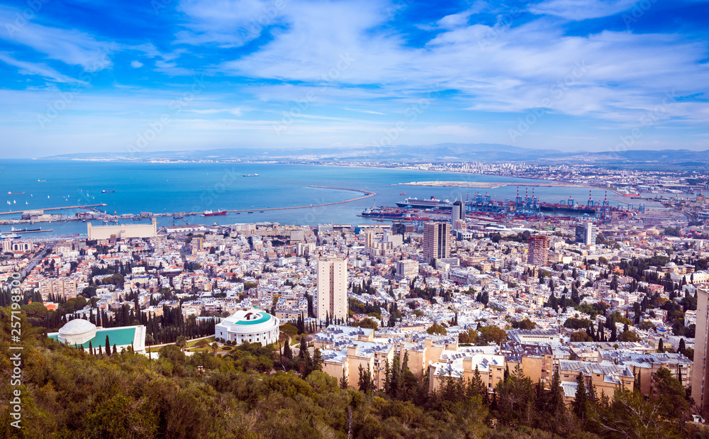 Panoramic view from Mount Carmel to cityscape and port in Haifa, Israel, Middle East
