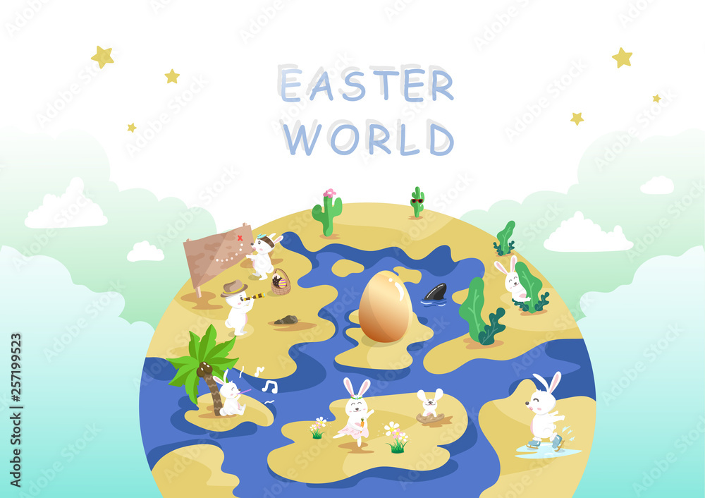 Fototapeta premium Easter world, egg hunt, traveling and adventure, cute rabbit cartoon character, greeting poster holiday background vector illustration