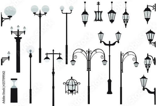 Set of modern and vintage street lights. Silhouette of wall and floor street lamp, black and gray color, isolated on white background photo