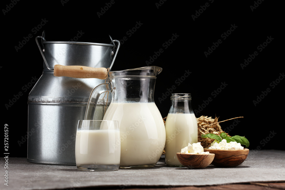 milk products. tasty healthy dairy products on a table. sour cream in a white bowl, cottage cheese bowl, cream in a a bank and milk jar, glass bottle and in a glass milk products. tasty healthy dairy products on a table. sour cream in a white bowl, cottage cheese bowl, cream in a a bank and milk jar, glass bottle and in a glass